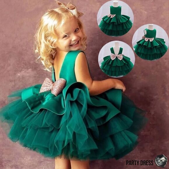 NOELLE LAYERED SATIN & TULLE TODDLER PARTY HOLIDAY DRESS EMERALD GREEN 1-2 YEARS - Picture 4 of 16